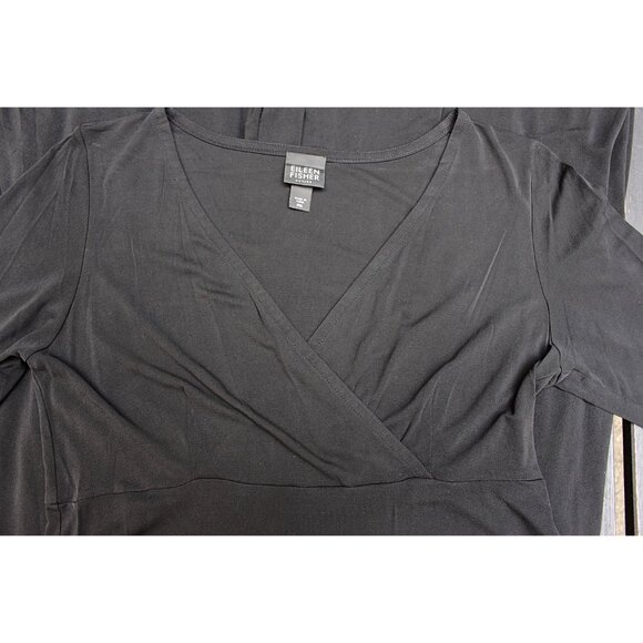 Eileen Fisher - Washable Stretch Silk Surplice (Faux Wrap) Dress, Black, PM Med - Picture 3 of 8